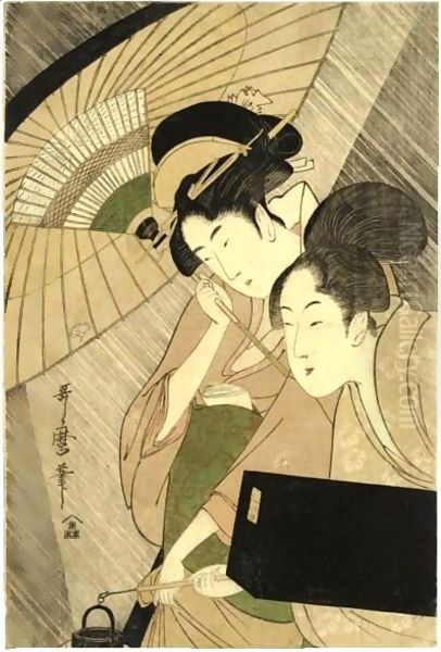 Geisha And Attendant On A Rainy Night - view 1