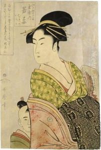 Wakaume Of The Tamaya In Edo-Cho Itchome, [Kamuro] Mumeno, Iroka by Kitagawa Utamaro
