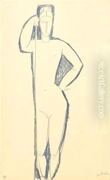 Homme Nu De Face SAappuyant Sur Un Baton - view 1