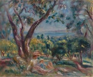 Paysage A Cagnes Avec Femme Et Enfant