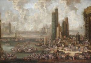 A Capriccio Harbour Scene With Numerous Figures And Merchants On The Quay by Pieter Casteels