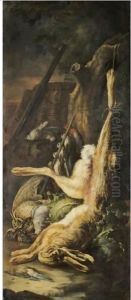 Still Life With A Hare, Snipe, Songbirds, A Musket And A Basket In A Landscape by Baldassare De Caro