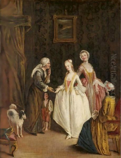 An Interior With An Elderly Lady And Her Child Receiving Charity From Three Young Ladies - view 1