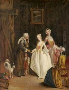 An Interior With An Elderly Lady And Her Child Receiving Charity From Three Young Ladies by Pietro Longhi