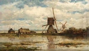 Two Windmills And A Farmhouse In A Polder Landscape