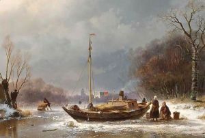 A Wintry Scene With Figures Near A Boat On The Ice
