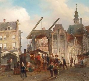 Many Figures Near A Drawbridge In A Dutch Town