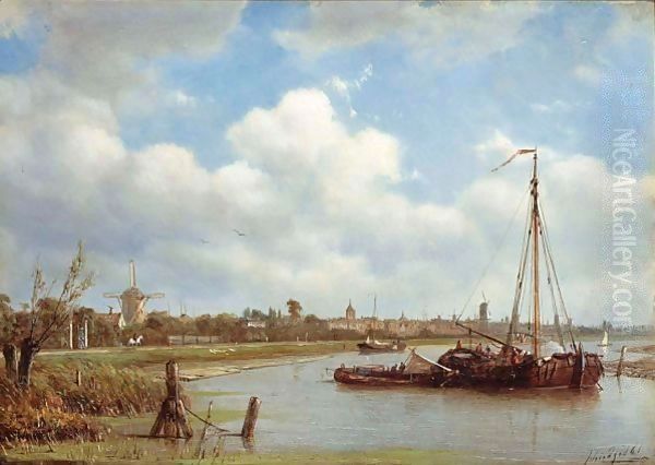 Figures On A Moored Sailing Vessel, A Town In The Background - view 1