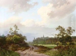 Travellers On A Country Road, A Church In The Distance by Marianus Adrianus Koekkoek
