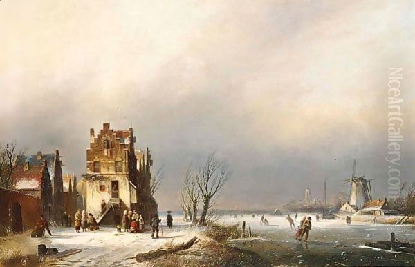 A Winter Landscape With Skaters Near A Village - view 1