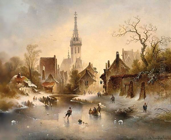 A Winter Landscape With Skaters Near A Village - view 1