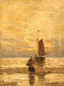 A Fisher Woman On The Beach At Sunset by Gerhard Arij Ludwig Morgenstje Munthe