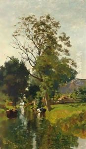 A Summer Landscape With Moored Boats In A Waterway