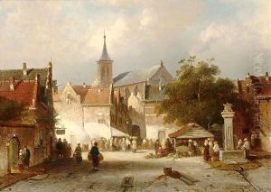 A Busy Market In A Dutch Town