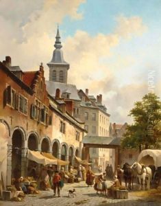 A Busy Market On A Town Square