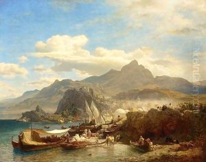 A Busy Coastal Village On The Levantine Coast by Andreas Achenbach