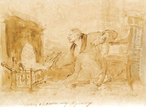 Man In A Dressing Gown Stoking A Fire - view 1