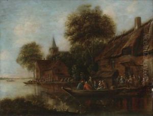 Village By A River With Figures In Boats