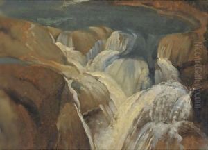 A Waterfall In A Grotto At Tivoli by Simon-Joseph-Alexandre-Clement Denis
