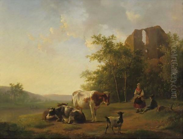 Shepherds And Cattle Resting By A Stream - view 1