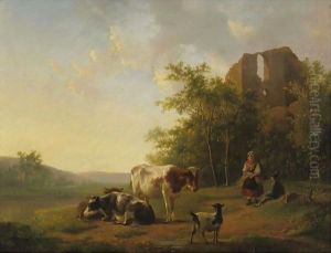 Shepherds And Cattle Resting By A Stream by Hendrikus van den Sande Bakhuyzen