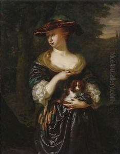 A Woman Holding A Dog In A Landscape by Jan Van Mieris