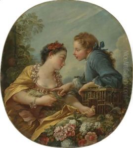 A Young Woman And Youth Placing Young Birds In A Cage The Bird Nesters by Francois Boucher