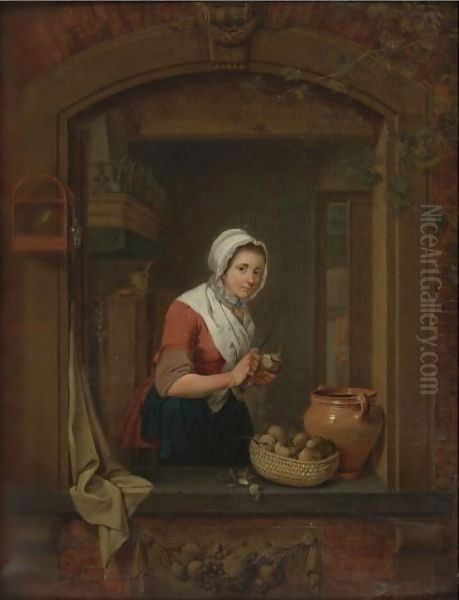 Young Woman At A Window Pealing Radishes - view 1