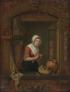 Young Woman At A Window Pealing Radishes