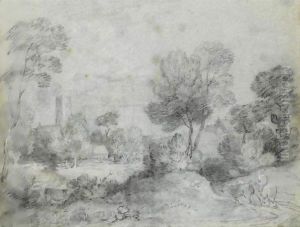 Wooded Landscape With A Traveller On A Country Road, A Church And Cottages Beyond by Thomas Gainsborough