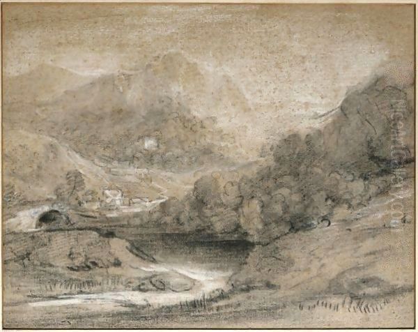 Wooded Mountain Landscape With River And Buildings - view 1