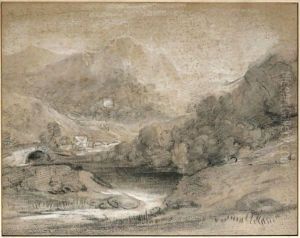 Wooded Mountain Landscape With River And Buildings by Thomas Gainsborough