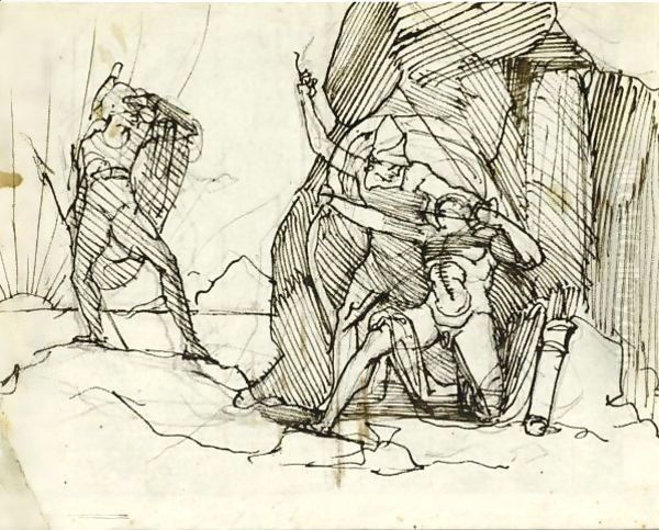 An Archer With A Companion, Taking Aim At A Warrior, The Sun Rising Above The Ocean Beyond - view 1
