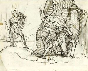 An Archer With A Companion, Taking Aim At A Warrior, The Sun Rising Above The Ocean Beyond