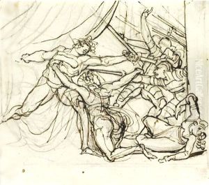 A Naked Warrior Repelling Soldiers At The Entrance To A Tent, One Woman Interceding, Another Collapsing, Manacled To A Post