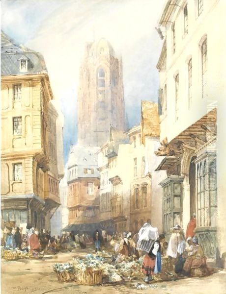 A Market Scene, Rouen, The Church Of St. Ouen Beyond - view 1