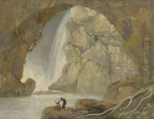 A Grotto With A Waterfall by Josepf Wright Of Derby