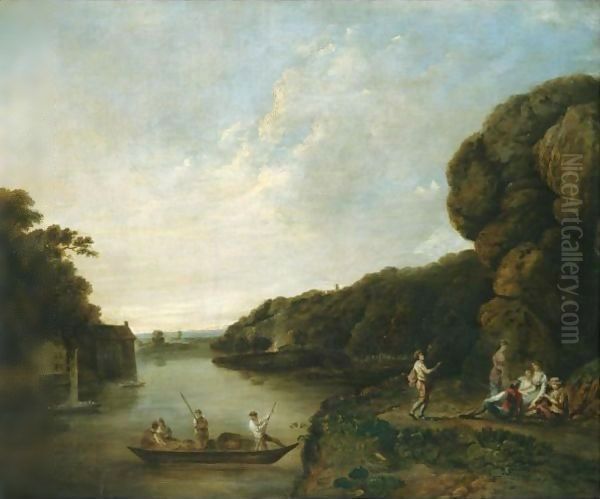 A River Landscape With A Ferryboat Approaching Elegant Company - view 1