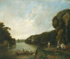 A River Landscape With A Ferryboat Approaching Elegant Company