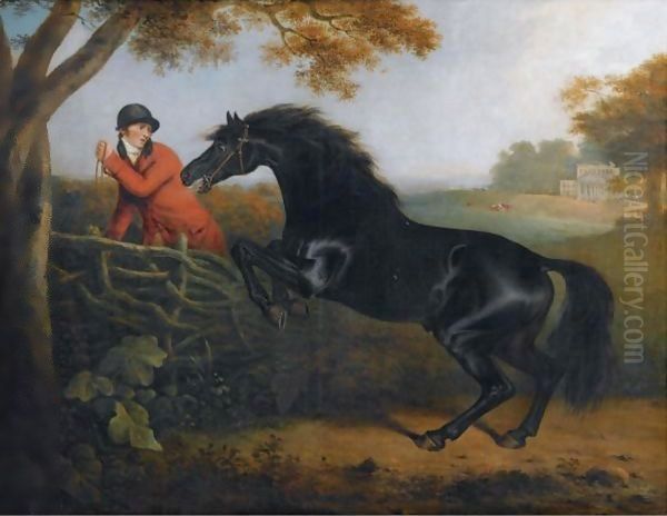 A Dark Bay Hunter Jumping A Gate In A Park - view 1