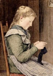 Girl Knitting, 1905 by Albert Anker