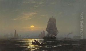 New York Harbor In Moonlight by Edward Moran