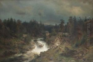 Old Mill At The Waterfall by Herman Herzog