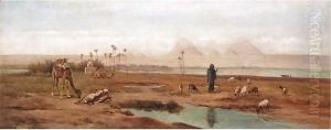Camels And Goatherd At The Pyramids At Gizeh by Frederick Goodall
