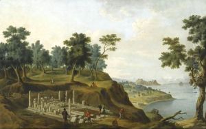 Figures Among The Ruins Of The Temple Of Artemis With The Citadel In The Distance, Corfu