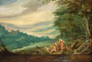 Venus Mourning Adonis In A Panoramic Wooded Landscape by Joos De Momper