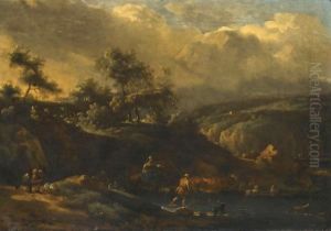 An Italianate Landscape With Shepherds Crossing A Stream With Their Flock by Jan van der the Younger Meer