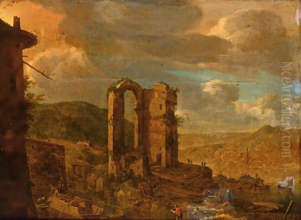A Rhenish River Landscape With Figures And Their Boats Near A Ruin - view 1