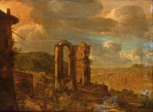A Rhenish River Landscape With Figures And Their Boats Near A Ruin by Herman Saftleven