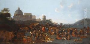 Figures Feasting At A Fair In Prati, Outside The Walls Of Rome, With The Basilica Di San Pietro And Monte Mario Beyond by Jan Miel